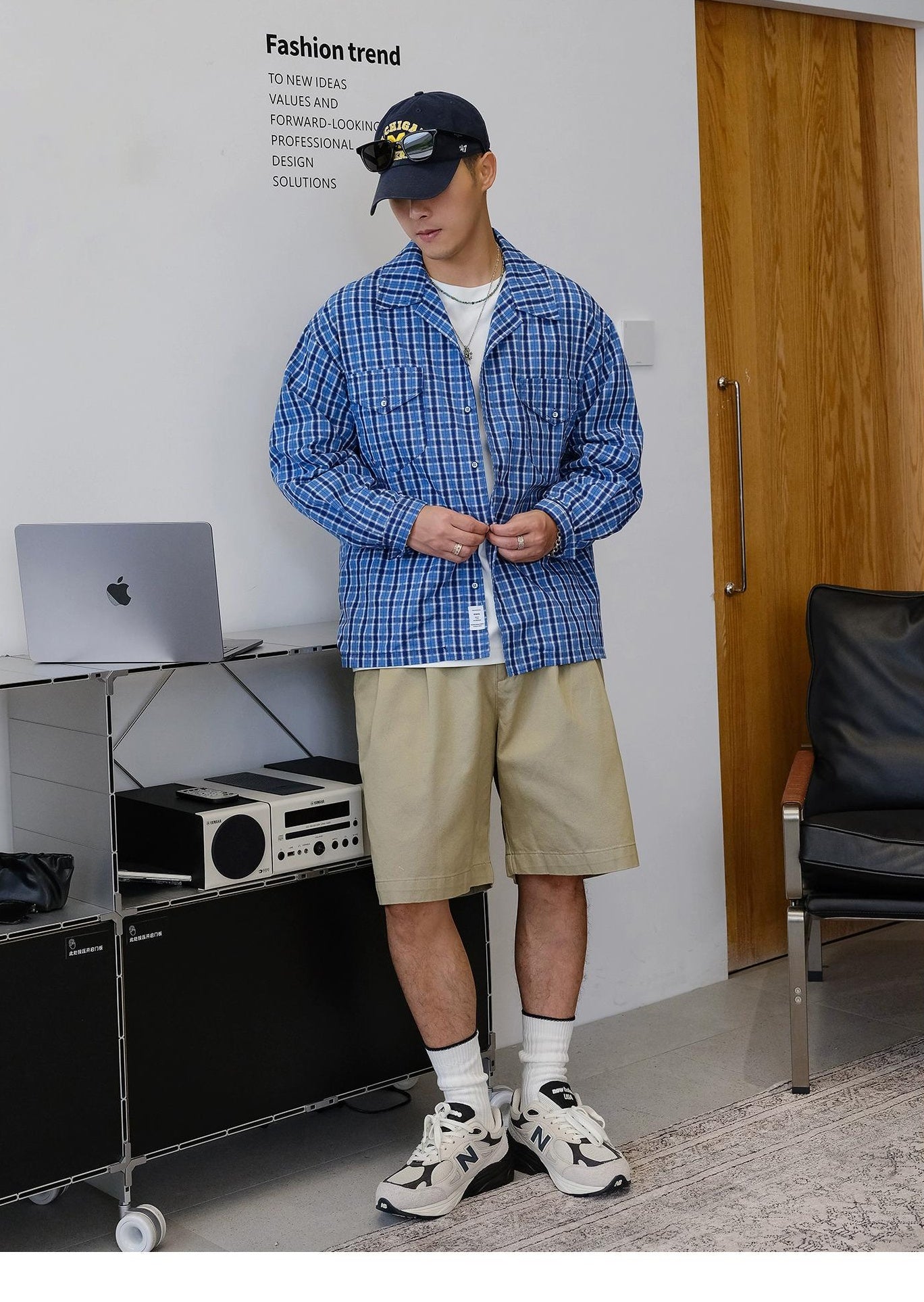 パッチワークチェック長袖シャツ