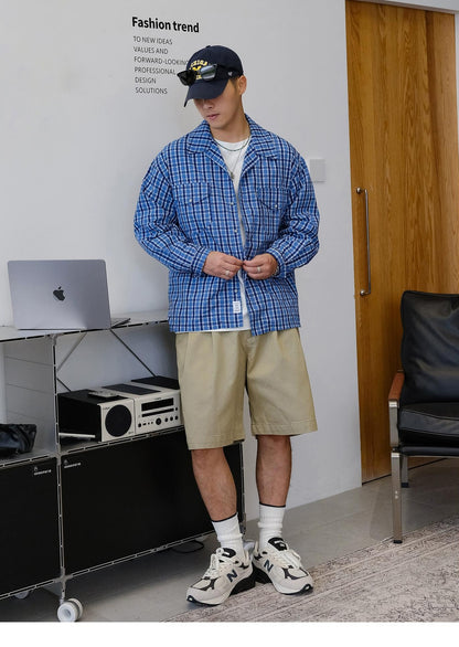 パッチワークチェック長袖シャツ
