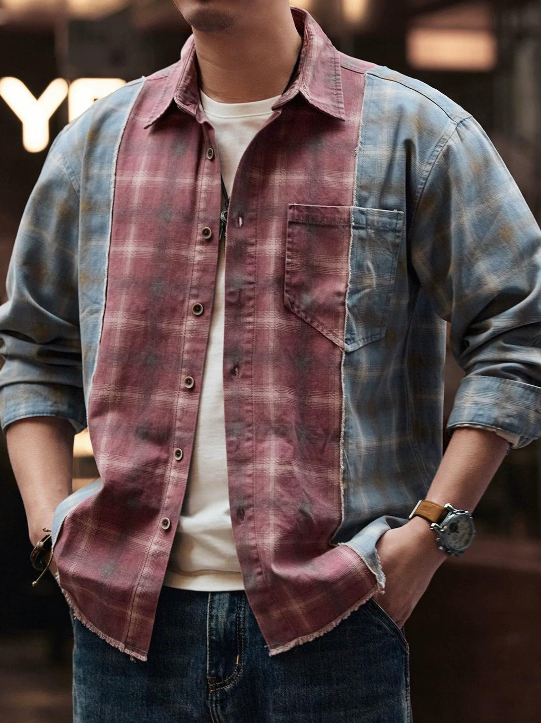 レトロカラー ブロック ワークシャツ