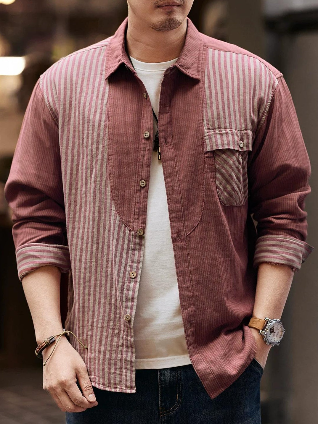 レトロ　カラーブロック　ストライプシャツ