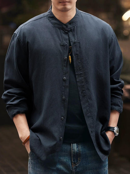 レトロリネンスタンドカラーシャツ