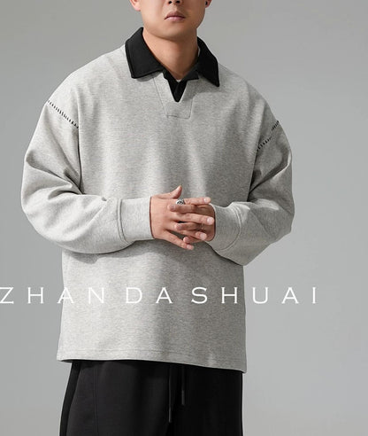 カラーブロック ラペル スウェットシャツ トップス