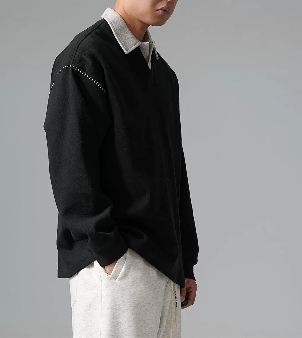 カラーブロック ラペル スウェットシャツ トップス