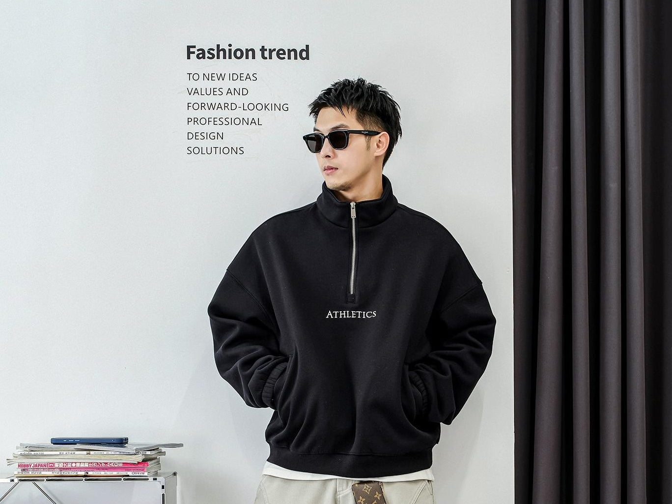 カジュアル刺繍ハーフジップセーター