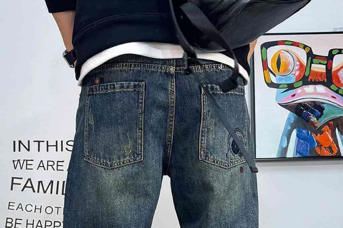エンブロイダードディストレストパッチワークデニムパンツ