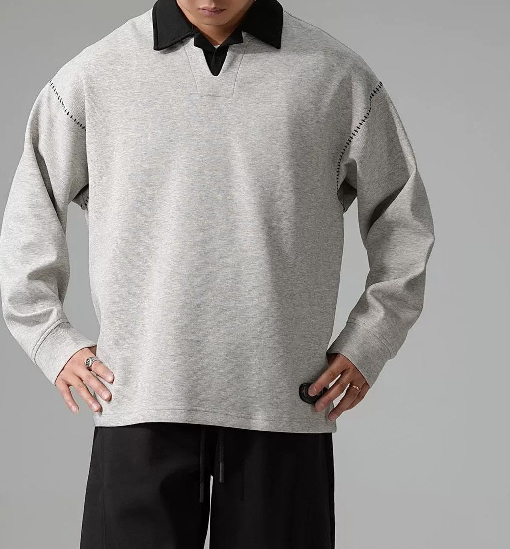 カラーブロック ラペル スウェットシャツ トップス