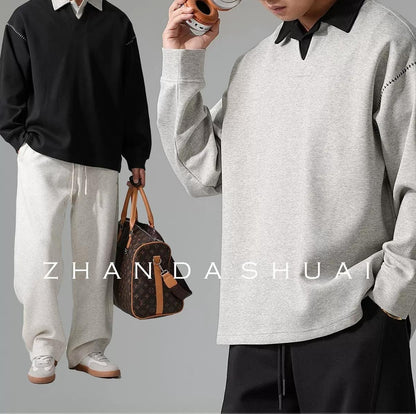 カラーブロック ラペル スウェットシャツ トップス