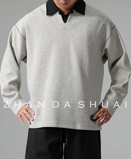 カラーブロック ラペル スウェットシャツ トップス