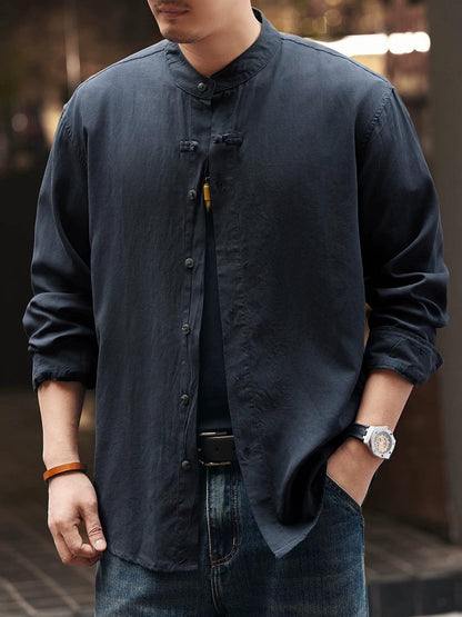 レトロリネンスタンドカラーシャツ