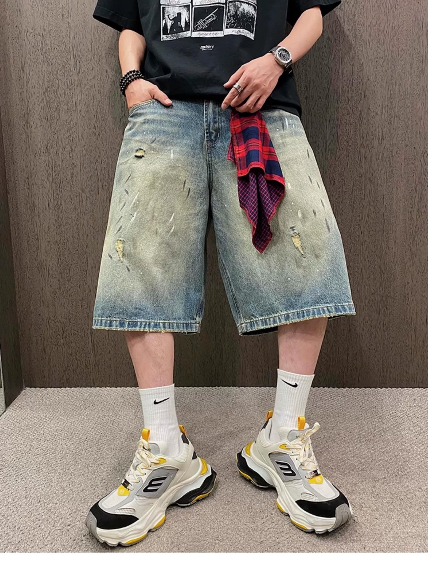 Retro Gangster Denim Splash Shorts