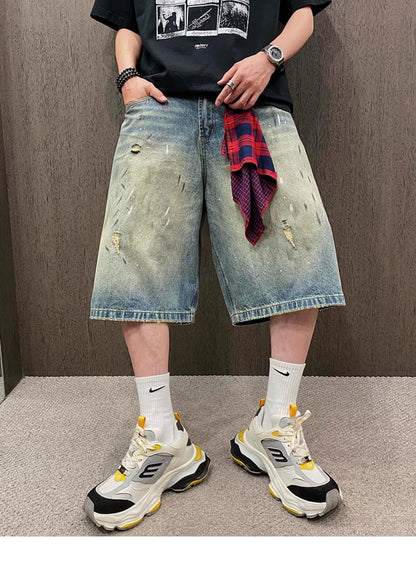 Retro Gangster Denim Splash Shorts