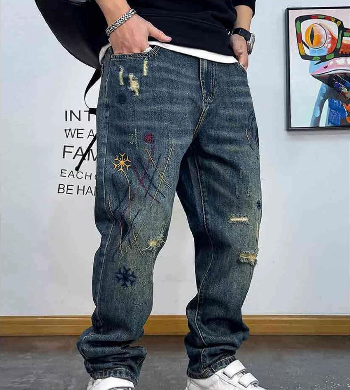 エンブロイダードディストレストパッチワークデニムパンツ
