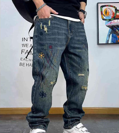 エンブロイダードディストレストパッチワークデニムパンツ