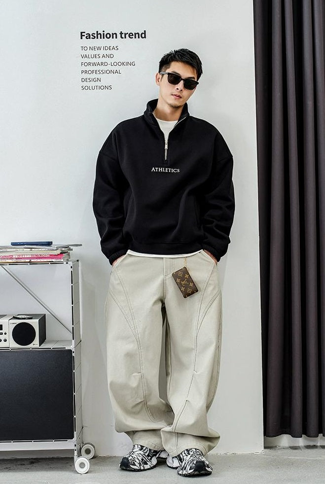 カジュアル刺繍ハーフジップセーター