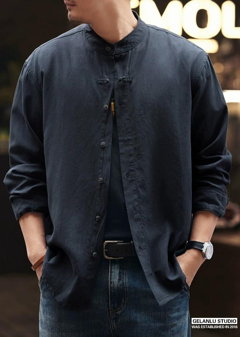 レトロリネンスタンドカラーシャツ