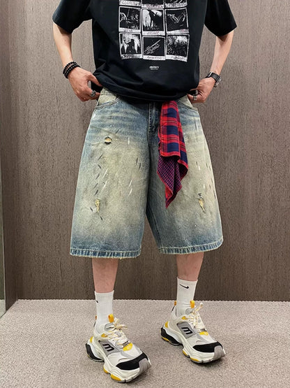 Retro Gangster Denim Splash Shorts