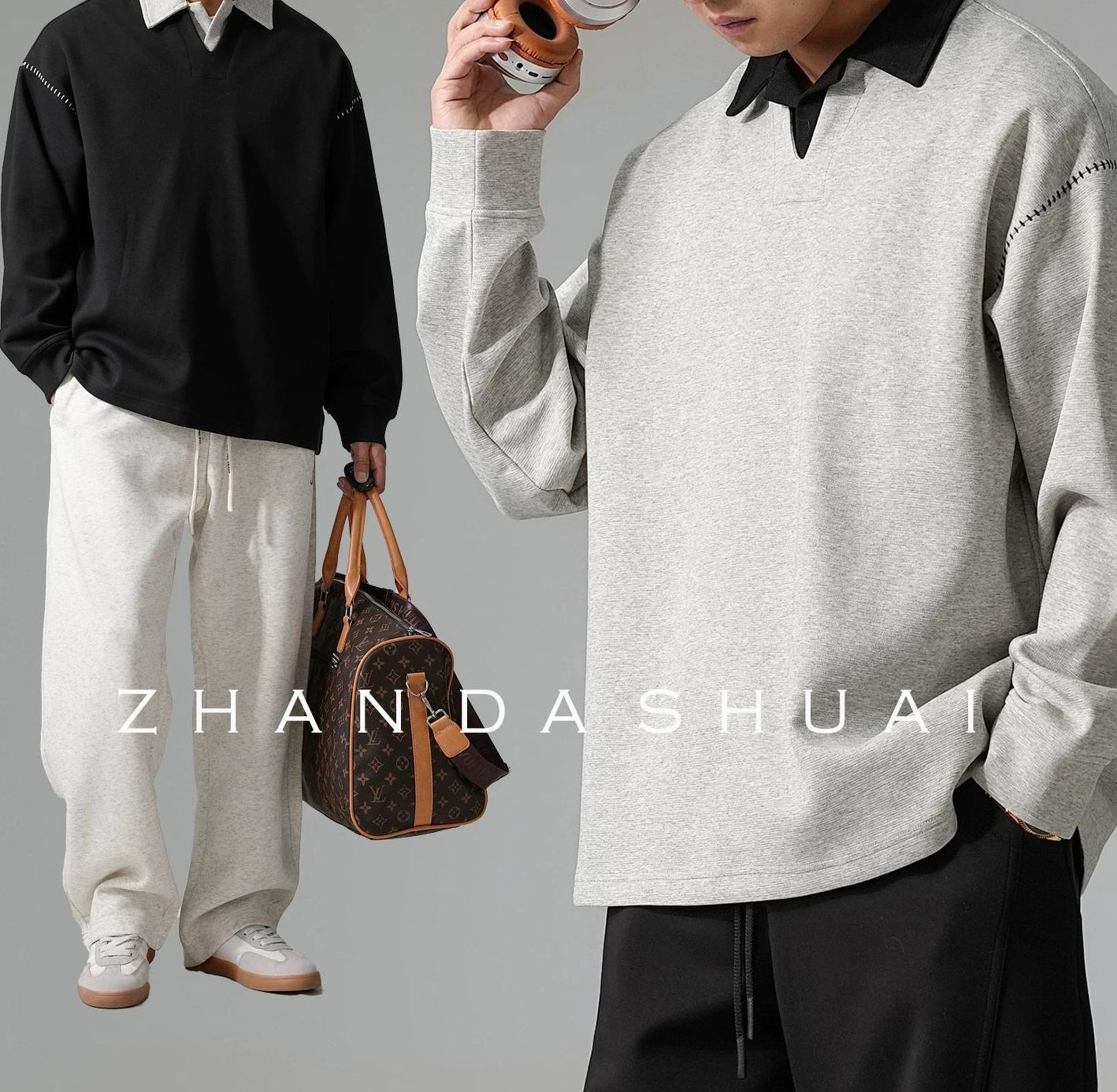 カラーブロック ラペル スウェットシャツ トップス