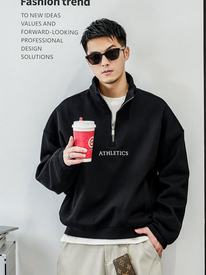 カジュアル刺繍ハーフジップセーター