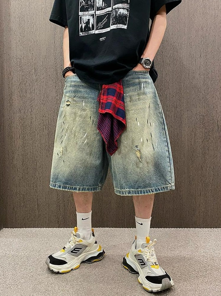 Retro Gangster Denim Splash Shorts