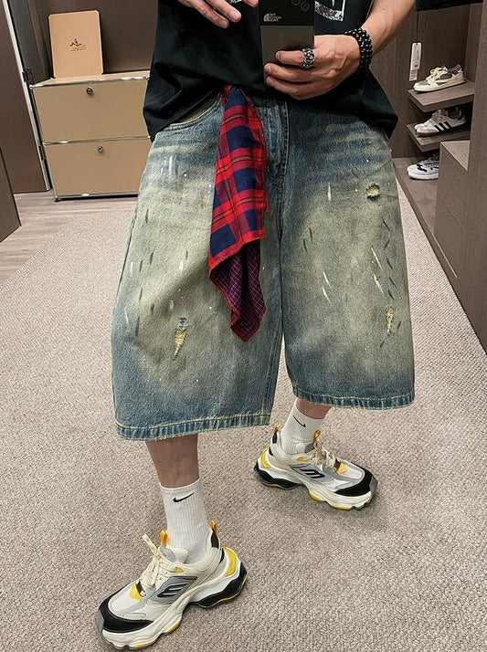 Retro Gangster Denim Splash Shorts