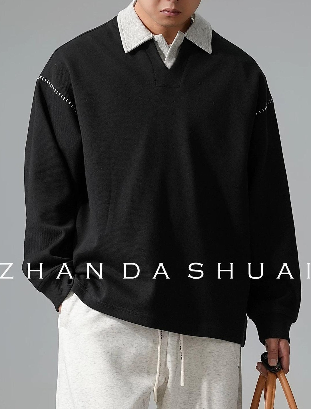 カラーブロック ラペル スウェットシャツ トップス