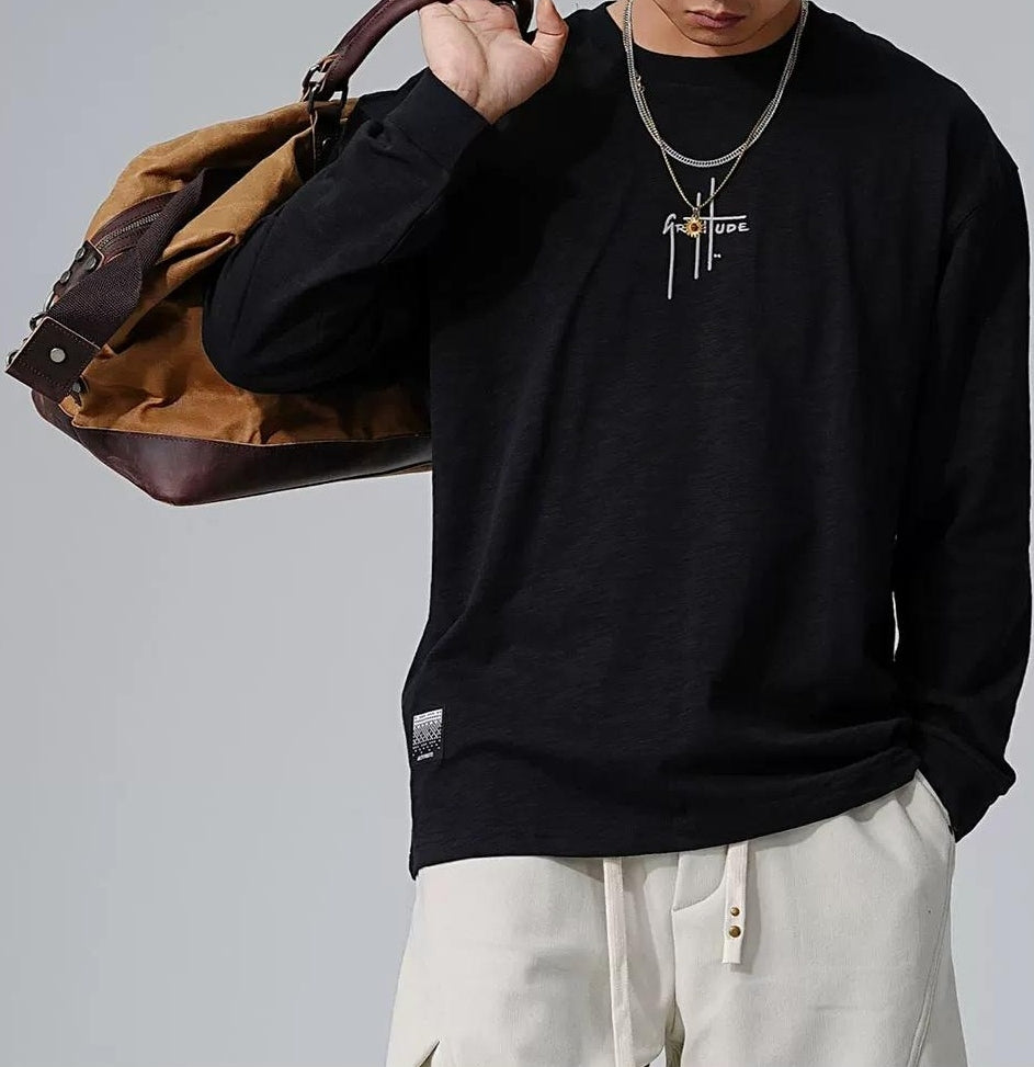 刺繍入りフリース長袖Tシャツ