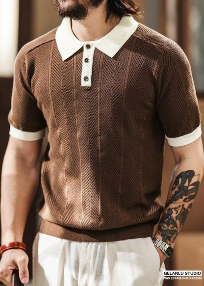 レトロ カラー付き ニット ポロシャツ