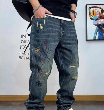 エンブロイダードディストレストパッチワークデニムパンツ