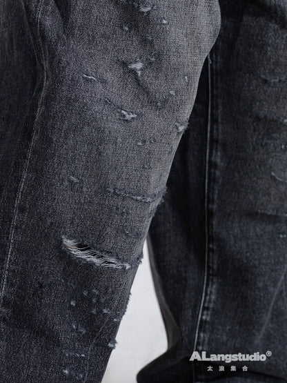 Black scraping design hole jeans loose straight pants