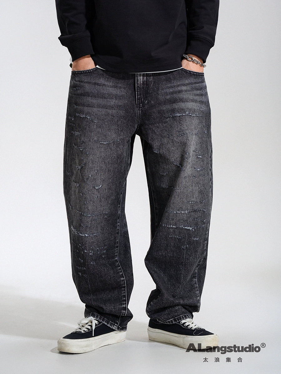 Black scraping design hole jeans loose straight pants